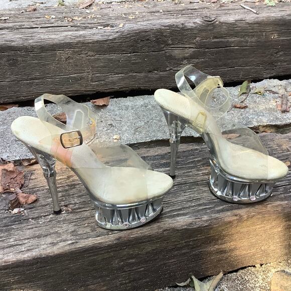 Pleaser Clear Platform Stiletto Heels Silver Shark Tooth Design 7" Heel Sz 9-9.5 - Picture 1 of 9